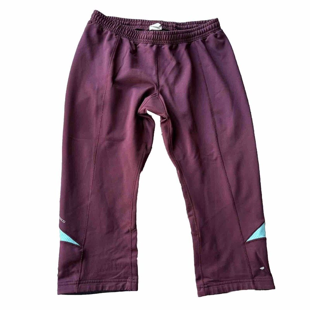 Brooks Pants Sz M Maroon Aqua Knee Length Capri Running Bottoms Activewear Tech